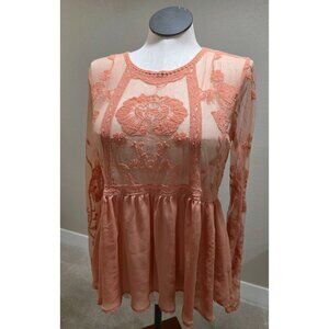 Xhilaration L Womens Sheer Peach Floral Embroidered Long Sleeve Blouse Top